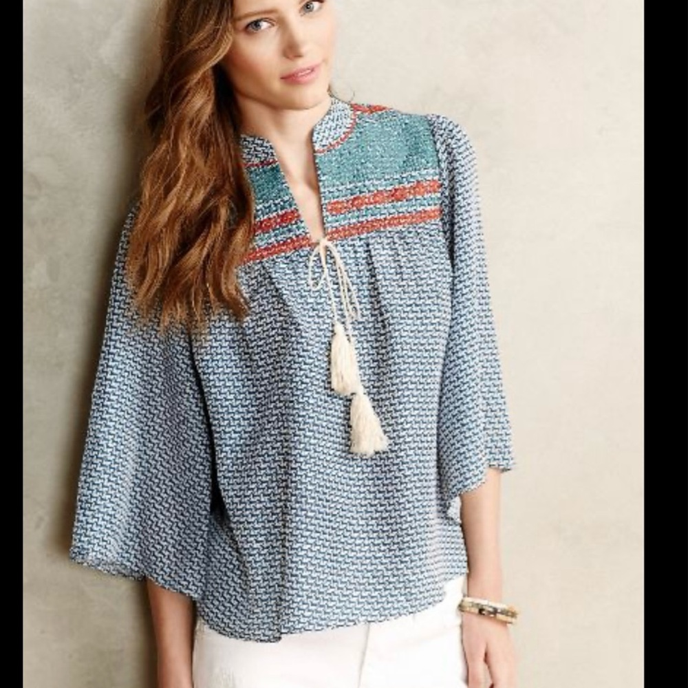 Anthropologie Maeve Equestrian Smocked Embroidered Blouse S